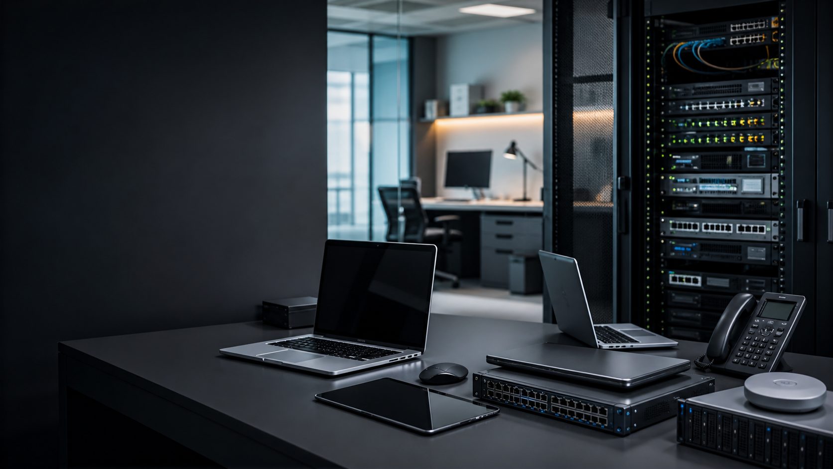 Ambiente profissional com equipamentos de informática, notebooks, rede e servidores